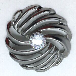Silver Tone Round Brooch Swirl Pinwheel Clear Middle Stone Large Pin